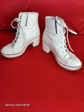 MIA White Lace-Up Chunky Heel Ankle Boots
